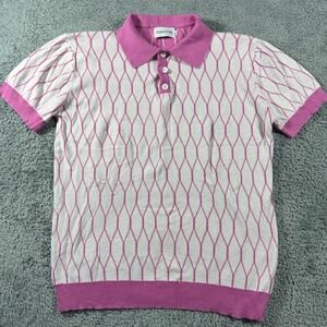 OXKNITSTORE Knit Polo Shirt Mens Size S Pink White Geometric Diamond Pattern